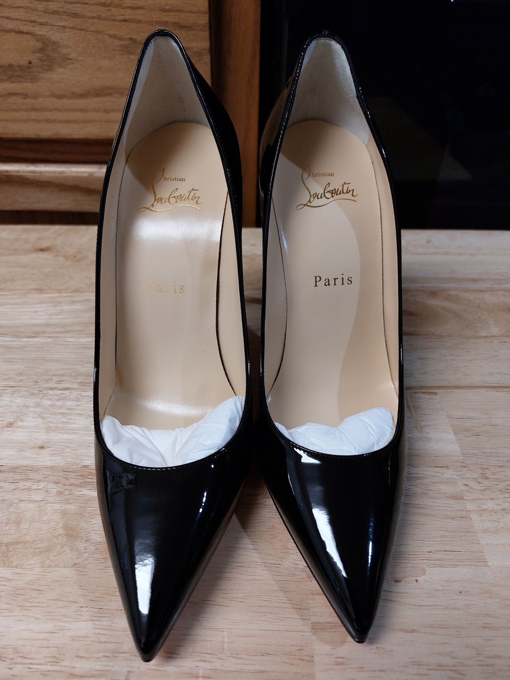 Christian Louboutin KATE 100 Black Patent Pointed Toe Pumps SIZE 38